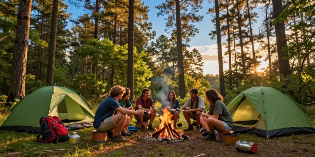 Friends enjoying a camping trip around a campfire, highlighting gear for outdoor adventures with rokok88 slot login.