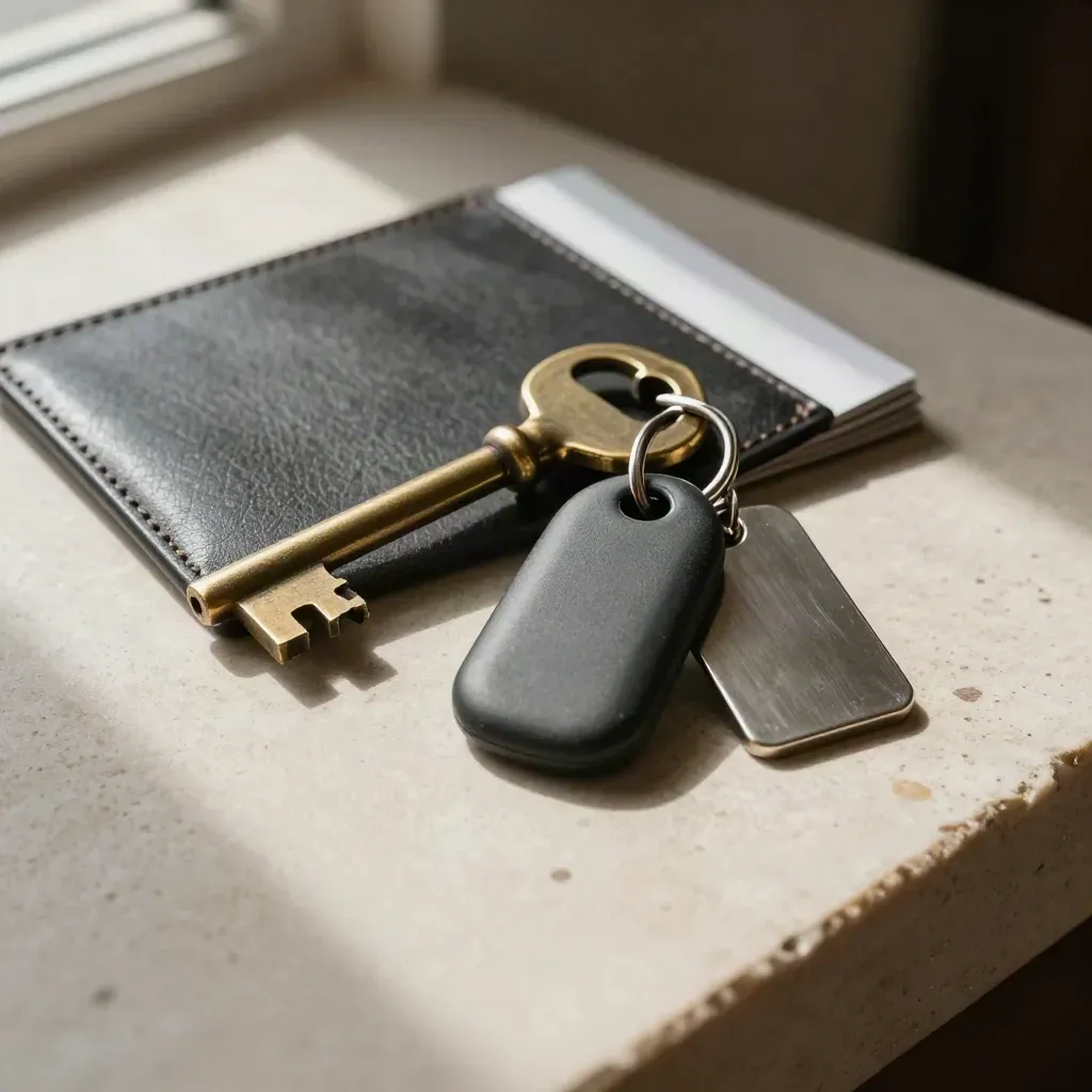 Chiave di caveau, fob e token su pietra chiara con luce drammatica