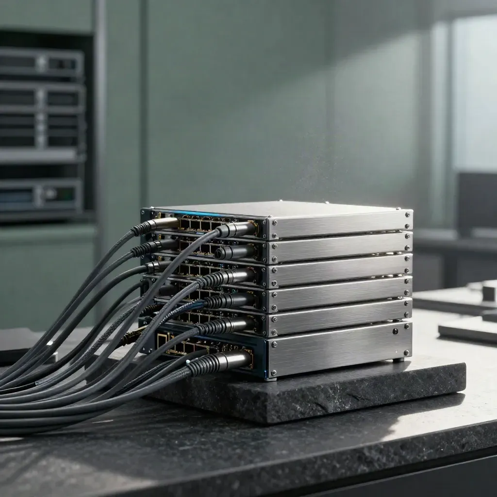 Server e moduli di rete su pietra scura con luce blu elettrico