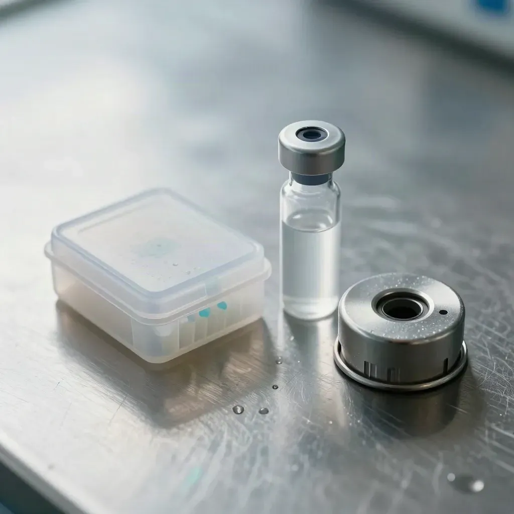 Vial sterile, punta pipetta e rotore centrifuga su metallo spazzolato, luce fredda.