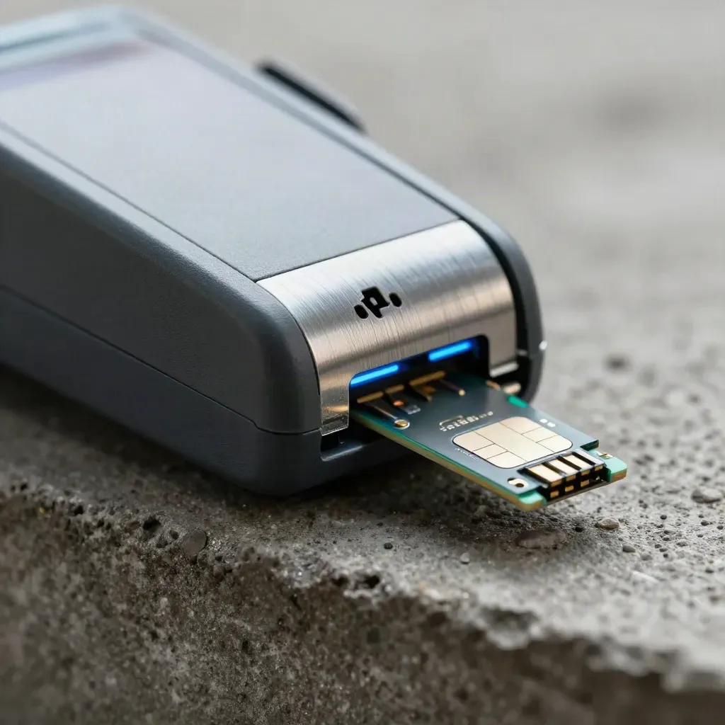 Lettore contactless, modulo chip e connettori su cemento scuro, luce drammatica con riflesso blu.