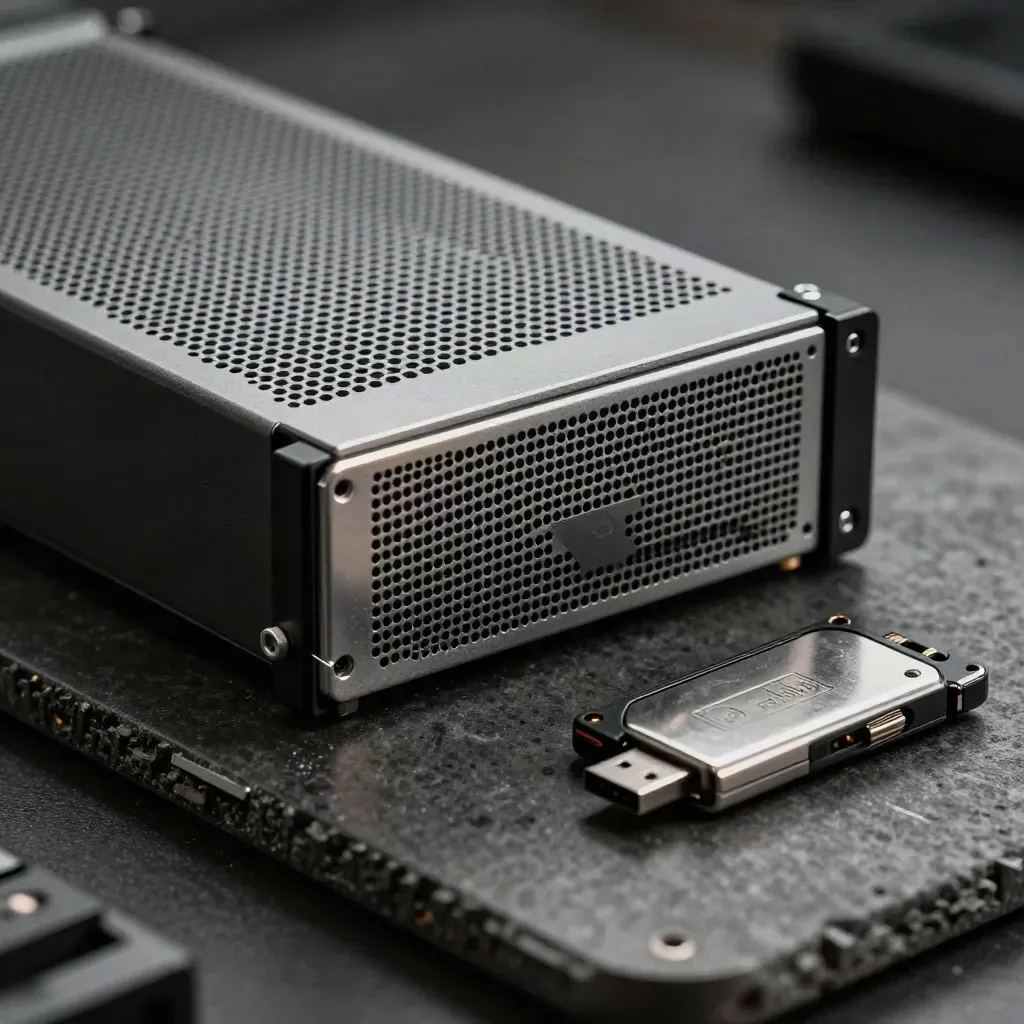 Server blade, SSD e chiave USB diagnostica su pietra scura, luce radente fredda.