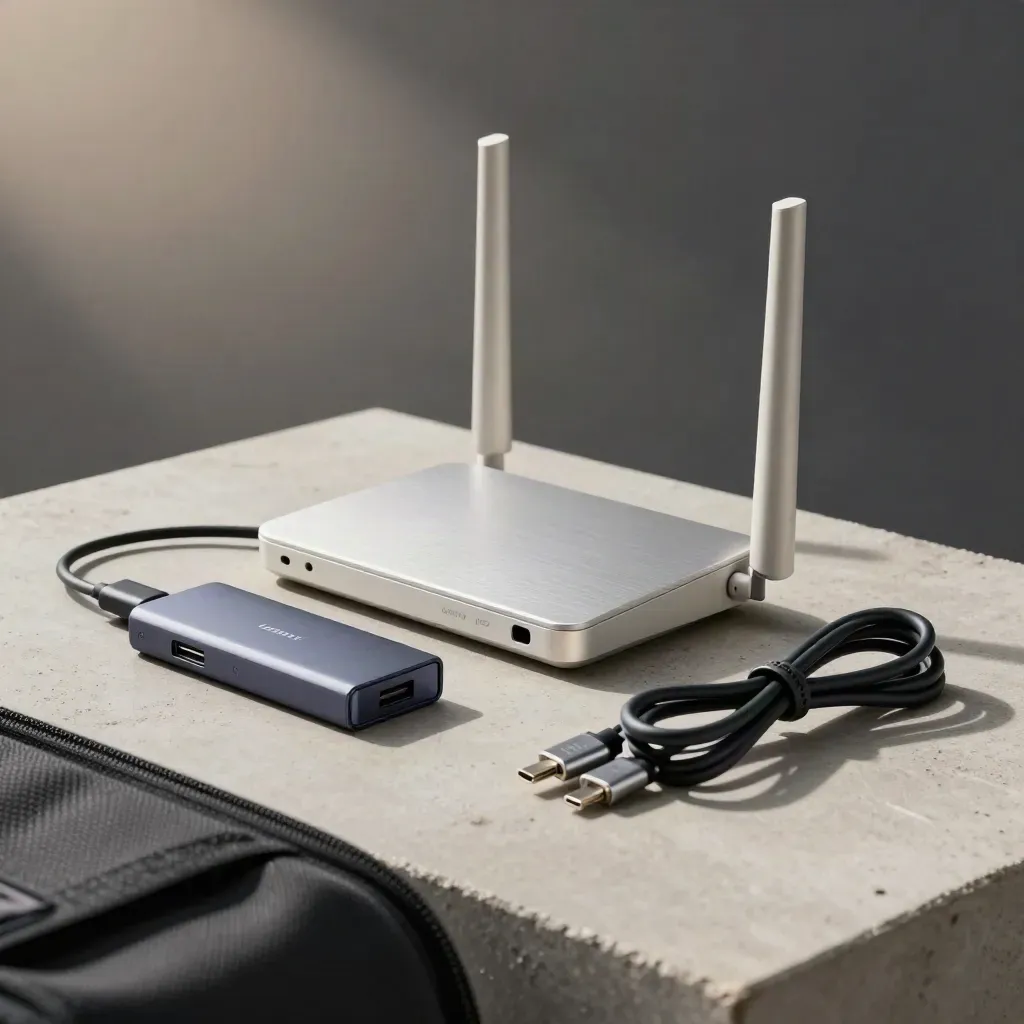 Router da viaggio, hub USB-C, SSD portatile e cavo arrotolato su cemento chiaro.