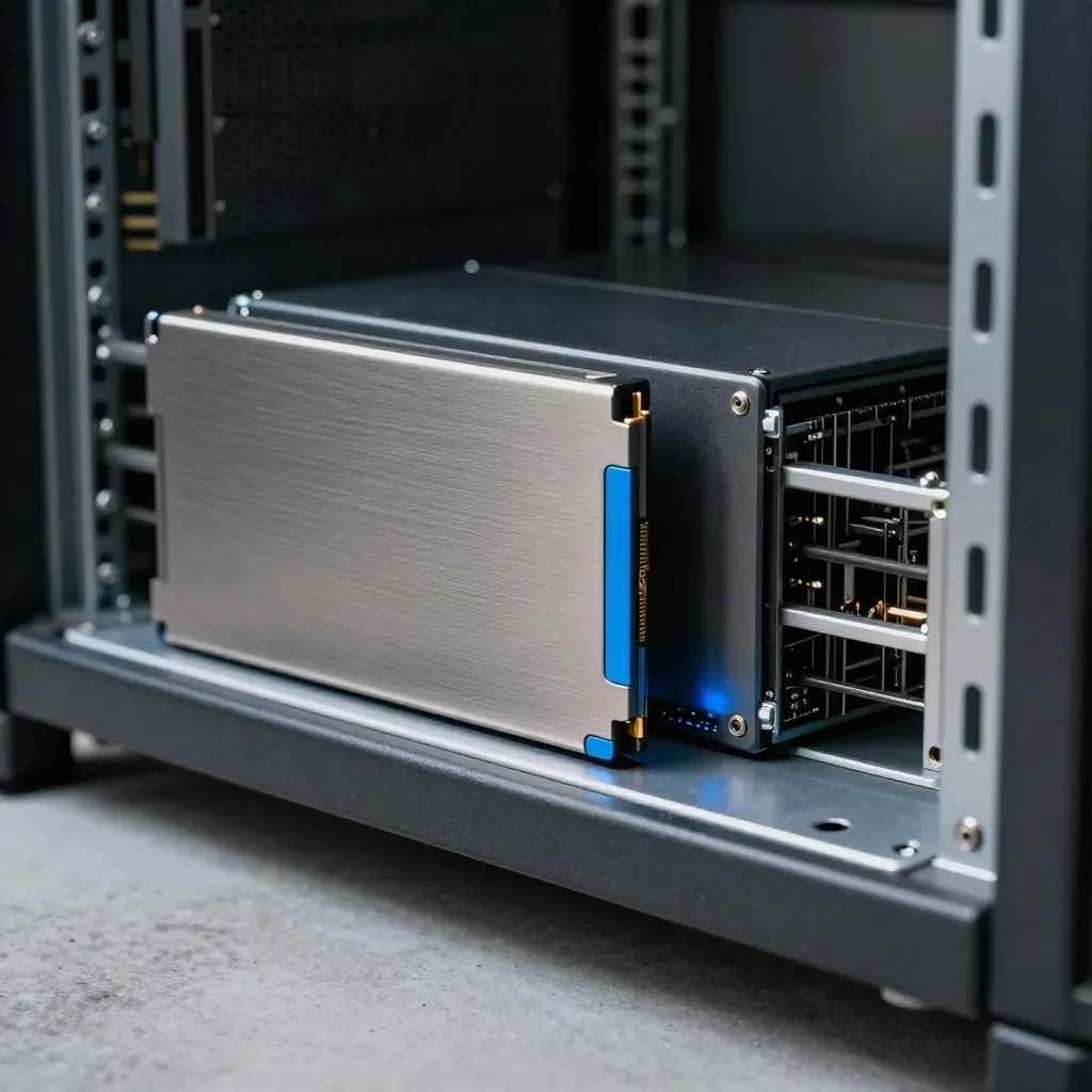 Moduli SSD e alimentazione in un rack server, in still life drammatico