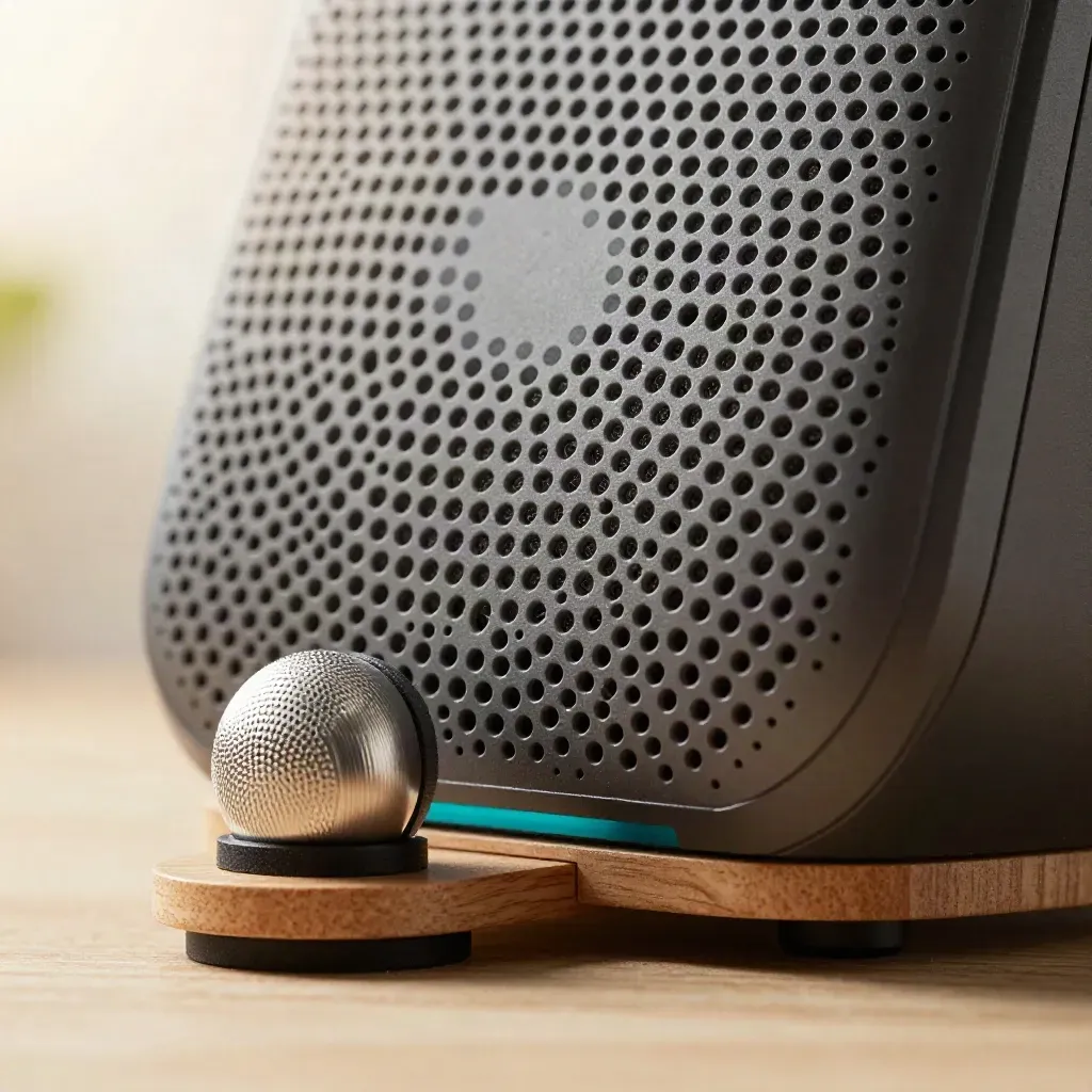 Griglia di smart speaker, capsula microfono e dock segnale su legno chiaro, macro premium.