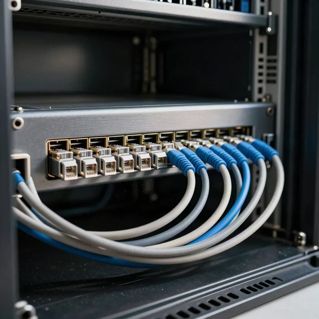 Dettaglio ravvicinato di cavi intrecciati, patch panel e transceiver in un rack tecnico.