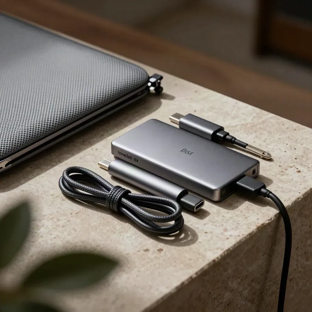 Kit tecnologico con SSD portatile, hub USB-C, cavi piegati e custodia in rete su pietra