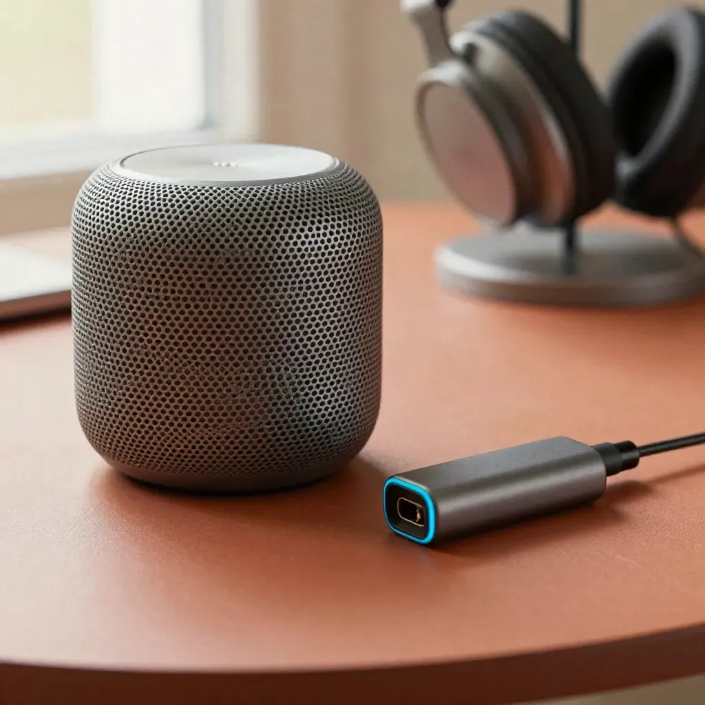 Altoparlante smart, microfono, supporto cuffie e adattatore su superficie terracotta.