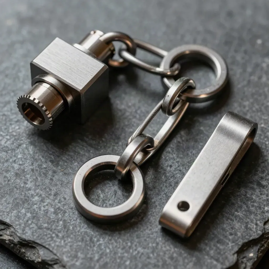 Anelli meccanici, clip cavo e connettore su pietra grafite, macro flatlay.