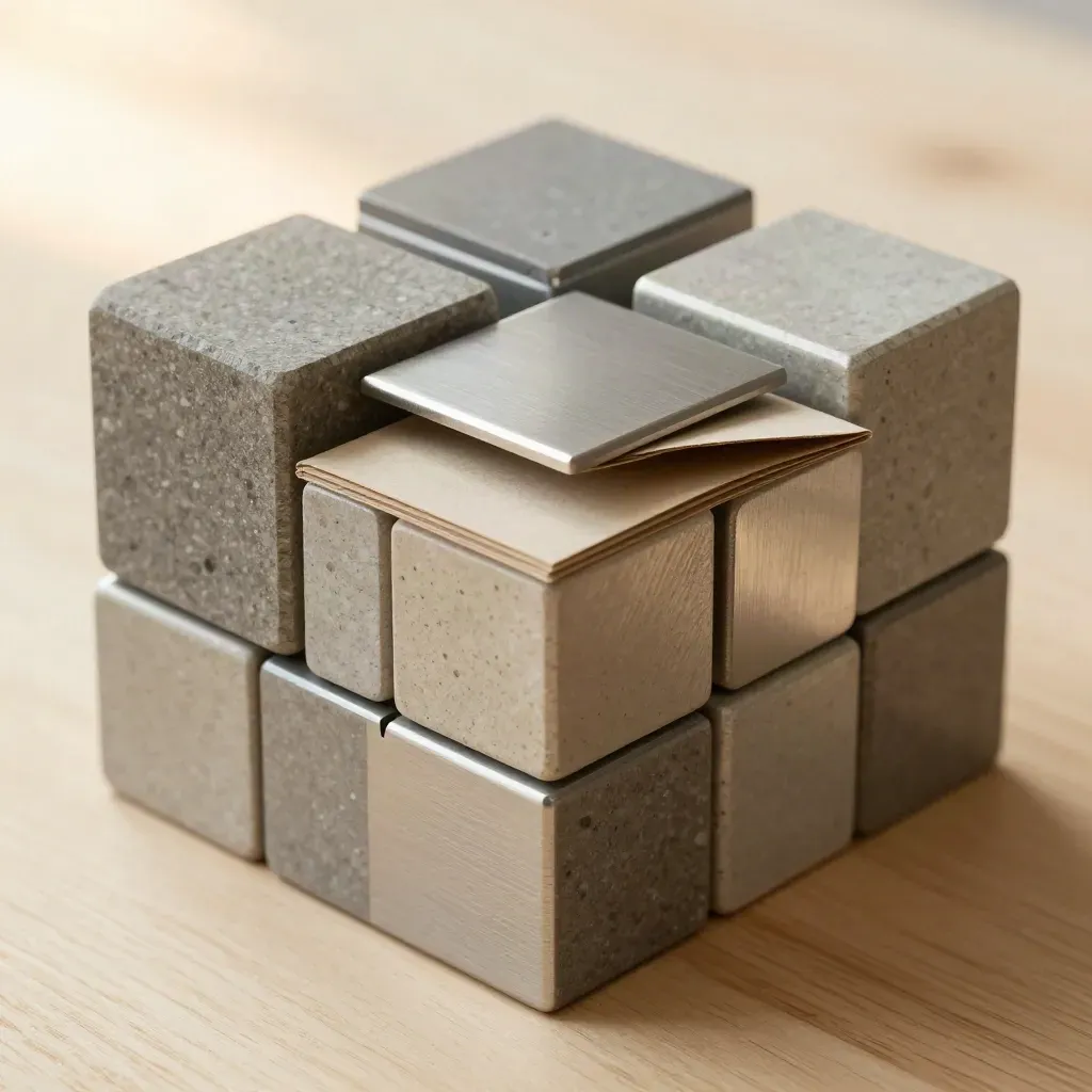Cubi modulari in pietra e metallo su legno chiaro, dettagli precisi e luce morbida.